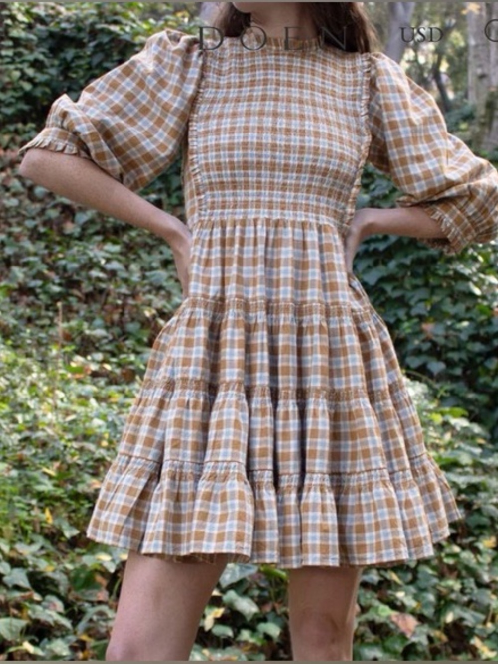 Doen Medina Dress - Gingham tan light blue tiered smocked ruffled size small - Picture 5 of 12